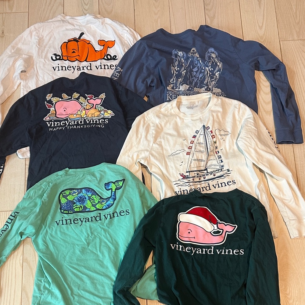 Huge Lot of Six Vineyard Vines Kids Long Sleeve Tees - White, Blue, Green